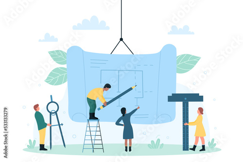 Architects drawing plan blueprint of building on paper roll. vector illustration. Cartoon tiny team of engineers and designers planning house development and construction. Architecture concept