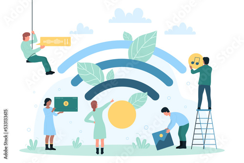Wifi connection for network access and tiny people. Cartoon internet users play videos and music, download pictures and sounds in wi fi zone flat vector illustration. Wireless service, hotspot concept