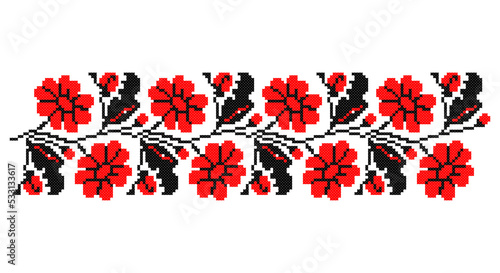 Embroidered good like old handmade cross-stitch ethnic Ukraine pattern. Ukrainian towel ornament, rushnyk called, vector.