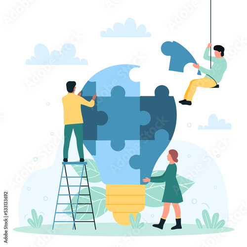 Business teamwork on creative light bulb puzzle vector illustration. Cartoon dedicated team of tiny people connecting pieces of big lamp together, partnership and creativity of office characters