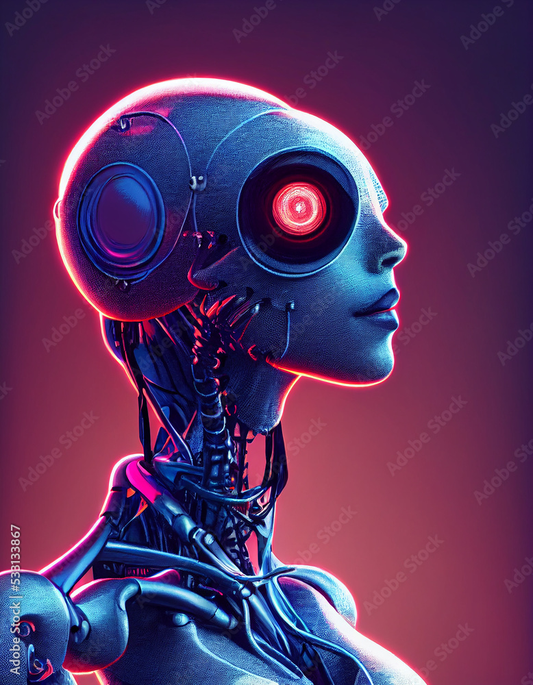 Futuristic Sci-Fi Humanoid Cyborg Woman with Big Eyes 3D Art Illustration. Vertical Portrait of Female Robot Mechanism Science Fiction Movie Character. AI Neural Network Artwork Stock-illustration | Stock