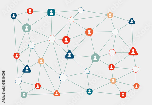 Staff shortage concept. Vector illustration. Recruiting problem. Geometrical network with absent chain elements with human icons. Labor and personell crisis.