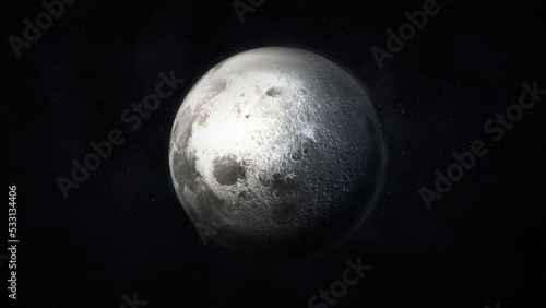 Dark gray image of a realistic moon in space.