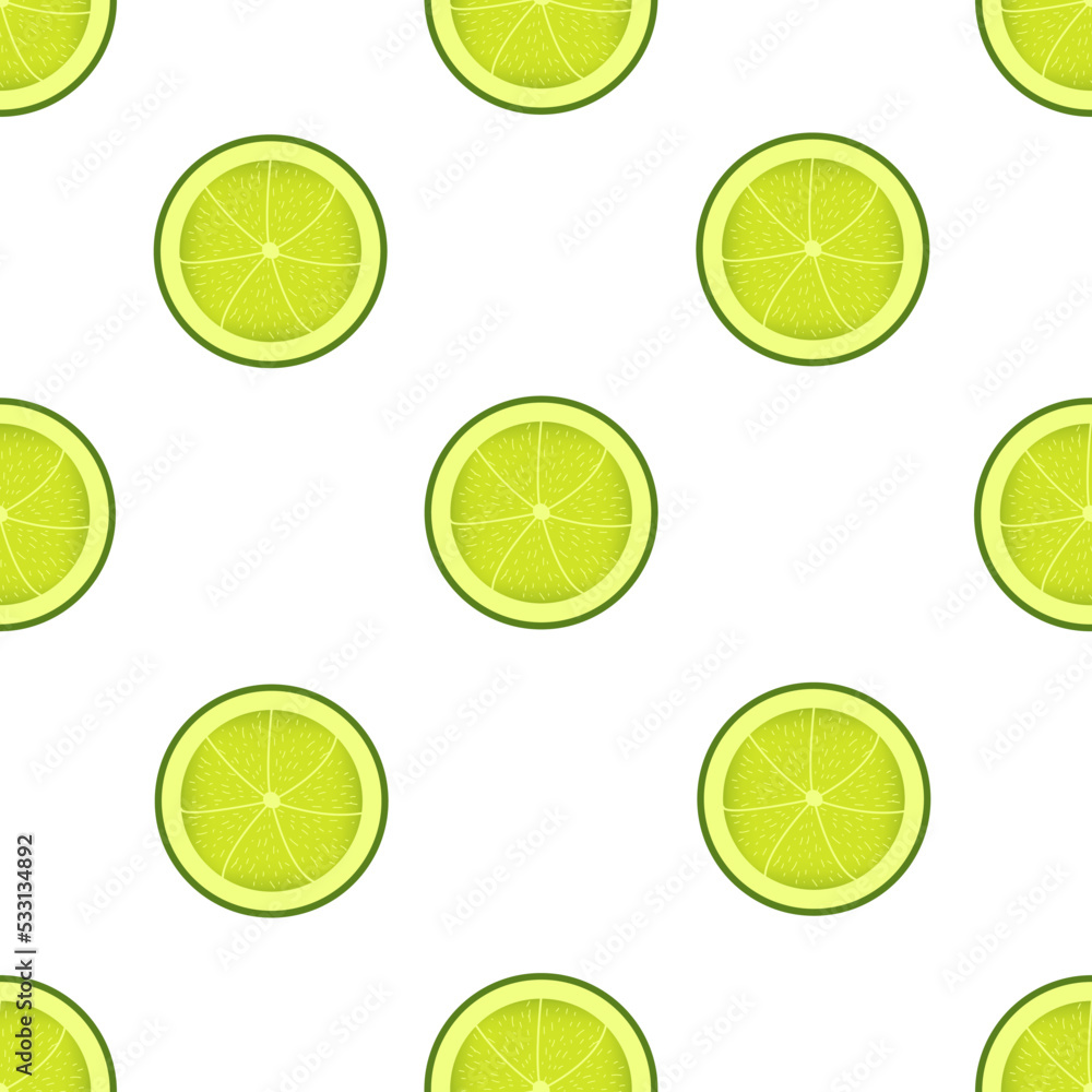 Lime seamless pattern on white background. Beautiful lime slice background. Set of exotic citrus. 