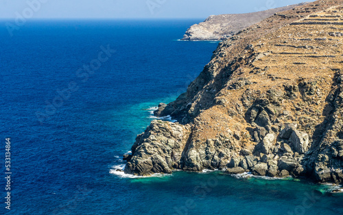 The barren Greek coastline meets the vivid and clear waters of the Adriatic Sea 