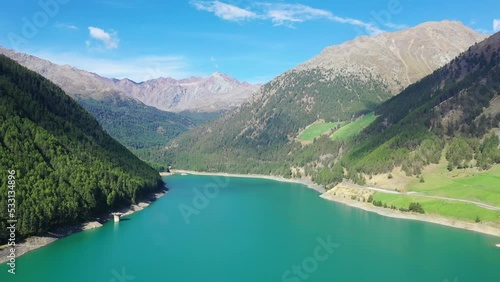 drone  flight over Lake  Vernagt Stausee in South Tyrol