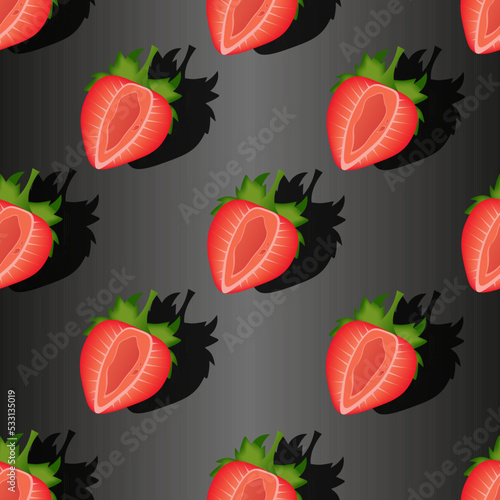 Fototapeta Naklejka Na Ścianę i Meble -  Strawberry seamless pattern on black background with shadow. Beautiful strawberries slice with green tail and leaves background. Set of red summer berry. 