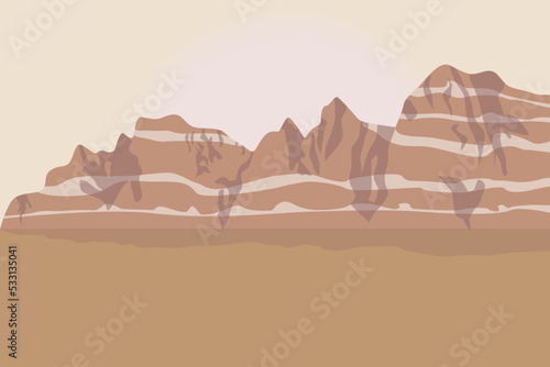 Landscape of mountains in the desert under the sunny sky flat vector illustration. Travel  hiking  outdoors and adventure concept. Use as background or wallpaper