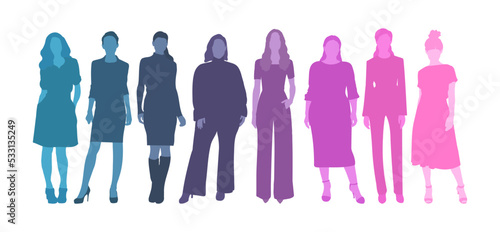 Team of businesswomen silhouettes, colorful woman figure vectors