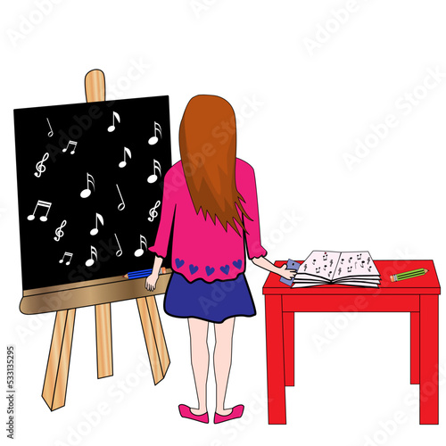 Profesora con pizarra en clase de música.