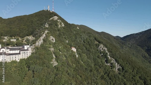 Aerial view of Montevergine monastery on mountain top during A Juta a Montevergine pilgrimage, Avellino, Italy. photo