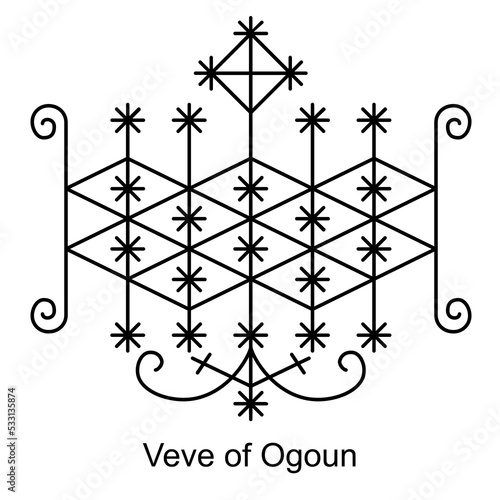 Veve of Ogoun. Voodoo religious symbol. Transparent black icon, isolated on white background. Vector EPS10. 