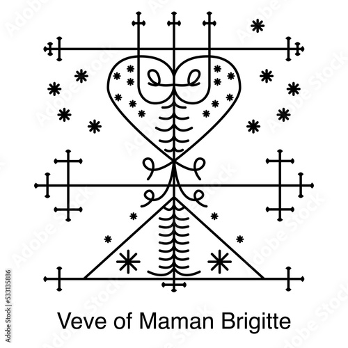 Veve of Maman Brigitte. Voodoo religious symbol. Transparent black icon, isolated on white background. Vector EPS10. 