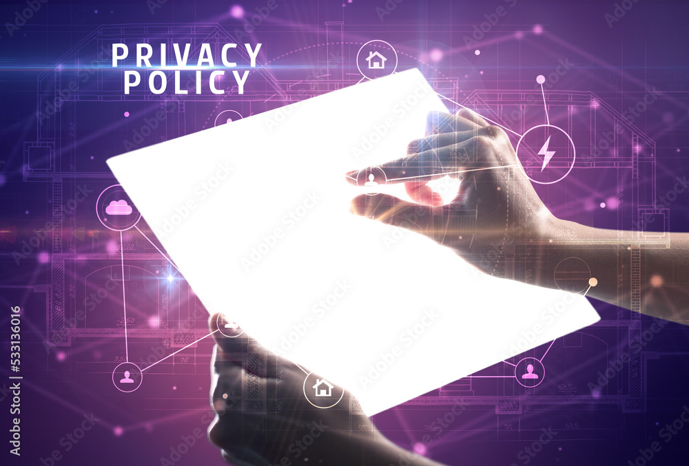 Holding futuristic tablet, security concept Holding futuristic tablet, security concept