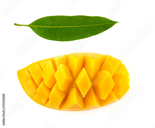Wallpaper Mural half of Mango fruit decorated with leaves isolated on white background close-up. Top view. Flat lay Torontodigital.ca