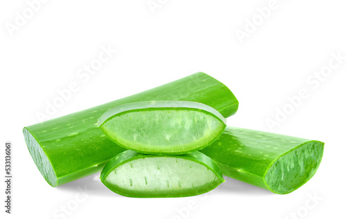 Aloe vera fresh leaves with slices isolated on white background