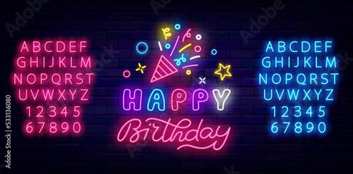 Happy Birthday neon signboard. Luminous advertising. Glowing pink and blue alphabet. Vector stock illustration