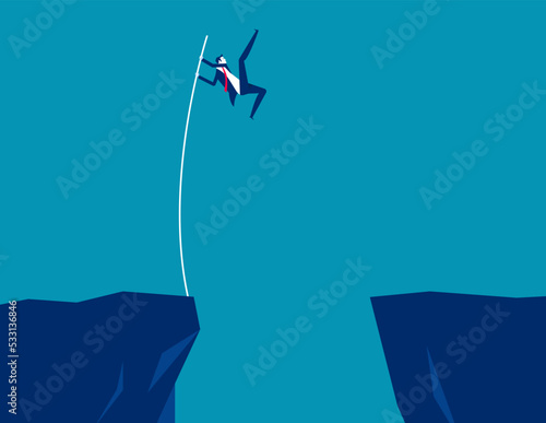 Businessman jumps with pole vault across the ravine. Business conquering adversity vector illustration