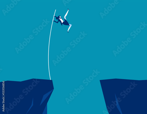 Businesswoman jumps with pole vault across the ravine. Business conquering adversity vector illustration