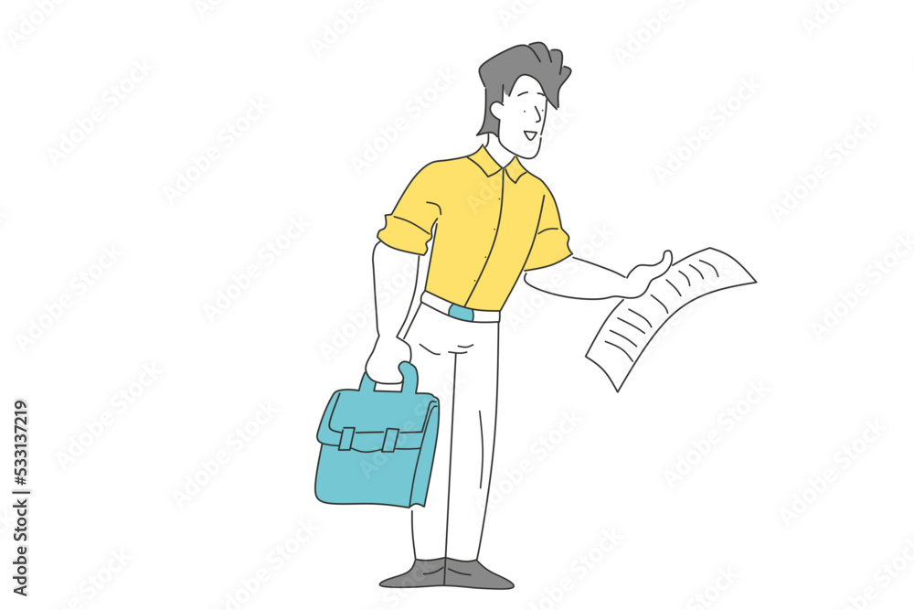 business man carrying bag and paper line drawing illustration