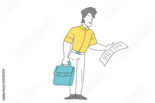 business man carrying bag and paper line drawing illustration
