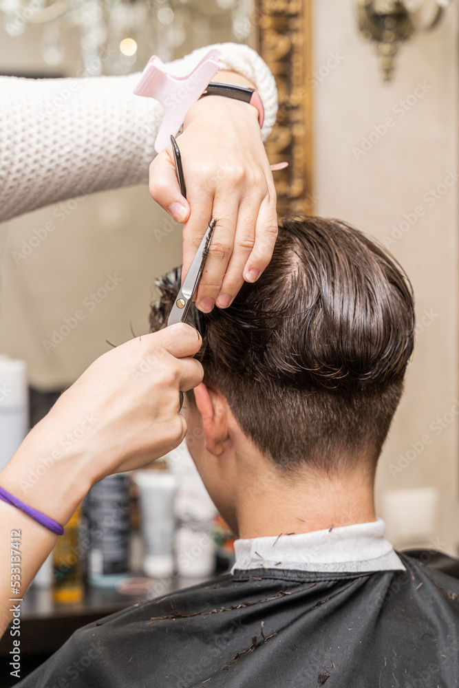 Rear view of a young guy 14 years old with brown hair cutting with scissors. Rear view of a young guy 14 years old with brown hair cutting with scissors.