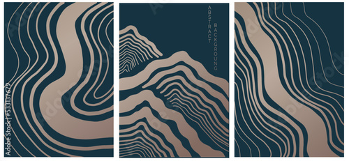 vector abstract japanese style landscapes lined waves in black and gold colours	