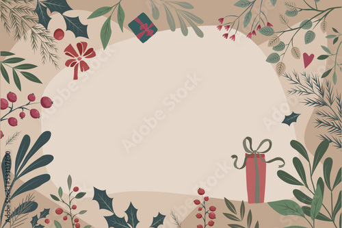 background in restrained tones with gifts of winter branches and poinsettia flowers Christmas star , pine needles
