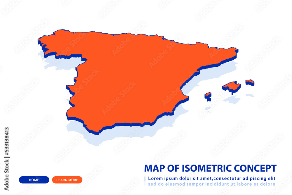 Orange map of Spain on white background. Vector modern isometric concept greeting Card illustration eps 10.