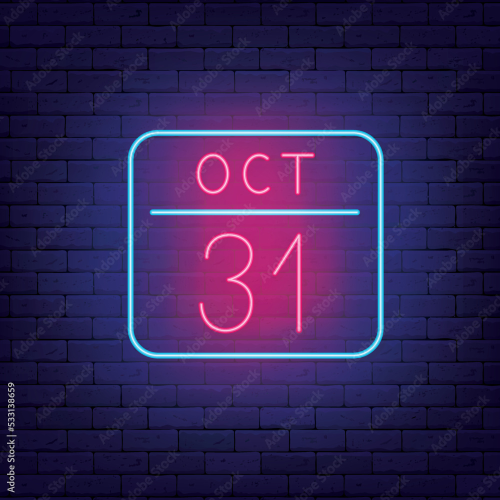 Calendar on october 31 neon icon on brick wall. Happy halloween design. Season holiday. Vector stock illustration Calendar on october 31 neon icon on brick wall. Happy halloween design. Season holiday. Vector stock illustration