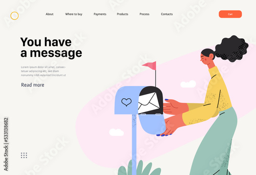 You have a message -Online shopping and electronic commerce web template -modern flat vector illustration of woman getting letter from postbox. Promotion, discounts, sale and online orders concept