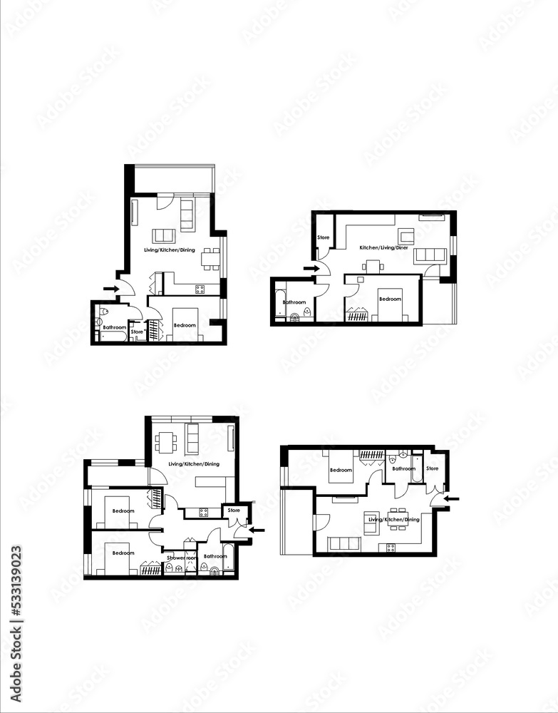 Architecture design, blueprint plan. Set of different black and white house floor plans isolated on white Architecture design, blueprint plan. Set of different black and white house floor plans isolated on white