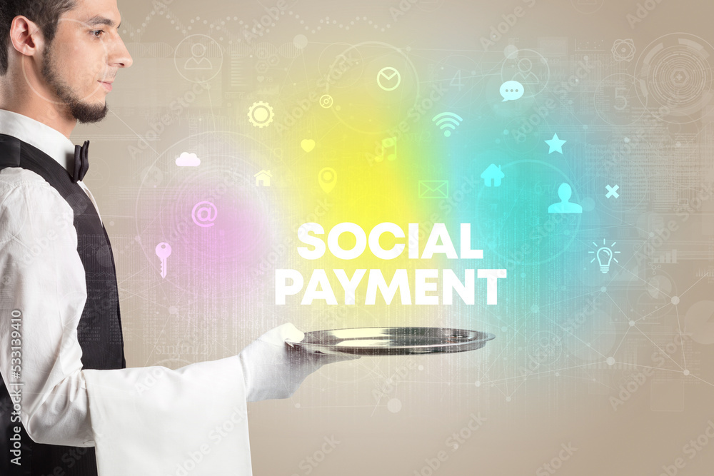 Waiter serving social networking concept Waiter serving social networking concept