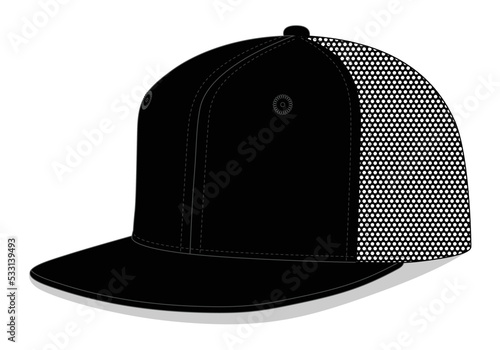Black Hip Hop Cap With Mesh Four Panel Back Template on White Background, Vector File