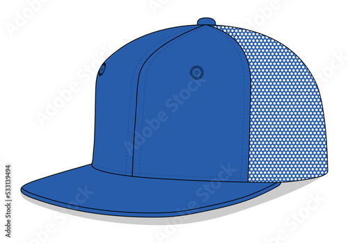 Blue Hip Hop Cap With Mesh Four Panel Back Template On White Background, Vector File