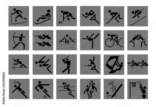Set pictogram line art figures of athletes' popular sports. Line art sports icon set. Vector symbols.