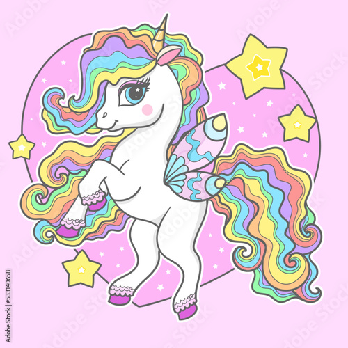 A beautiful white unicorn with a rainbow mane on the background of a heart with stars. For children's design of prints, posters, stickers, t-shirts, bowls and so on. Vector