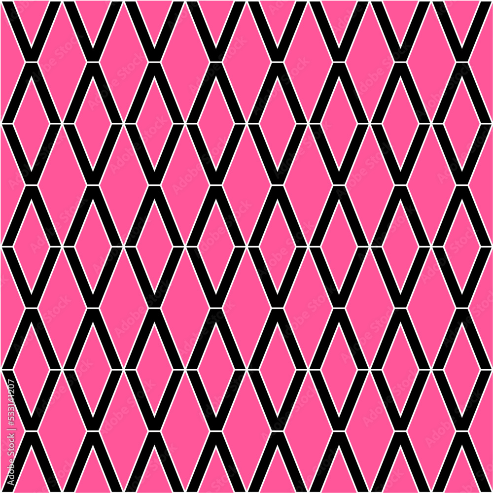 Black v letter repeating pattern isolated on pink background vector. Rhombus, thin diagonal lines, wall ceramic tiles seamless pattern. Black v letter repeating pattern isolated on pink background vector. Rhombus, thin diagonal lines, wall ceramic tiles seamless pattern.