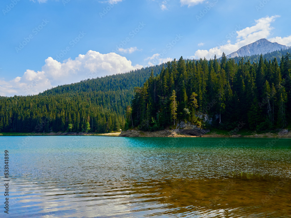 Idyllic landscape of Black Lake, Crno Jezero, a glacial lake in Durmitor National Park. Zabljak, Montenegro