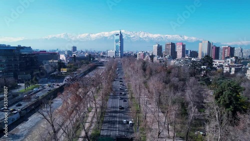 Landmark Building At Santiago Metropolitan Region Chile. Outdoor Brazilian Suburb. Urban Area Of Outdoor Perspective. Skyscrapers Urban Area Top Down.