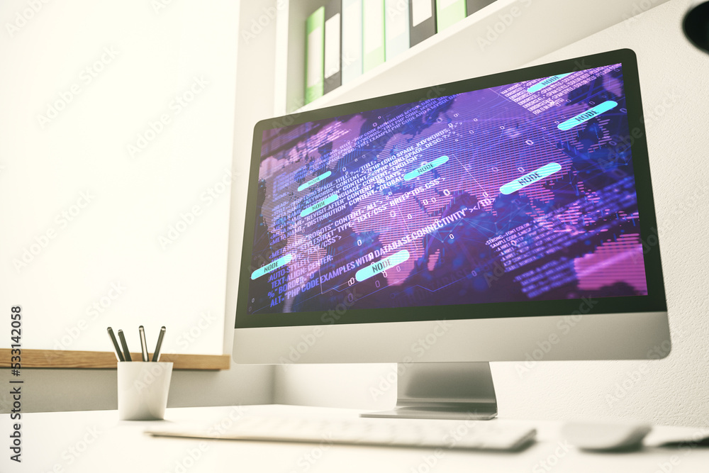 Fototapeta premium Modern computer display with abstract programming language hologram and world map, artificial intelligence and neural networks concept. 3D Rendering