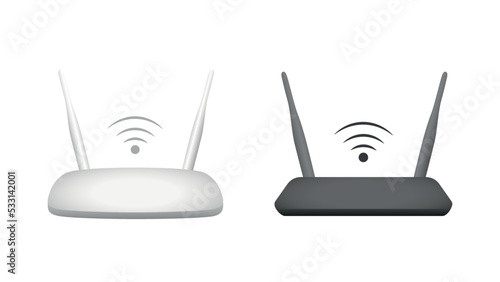 Black and white realistic wireless Wi-Fi router with antennas on white background. Flat symbol of wifi, internet. Vector illustration