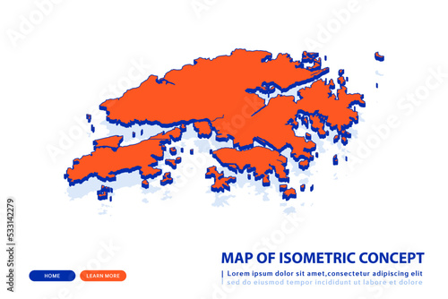 Orange map of Hong Kong on white background. Vector modern isometric concept greeting Card illustration eps 10.