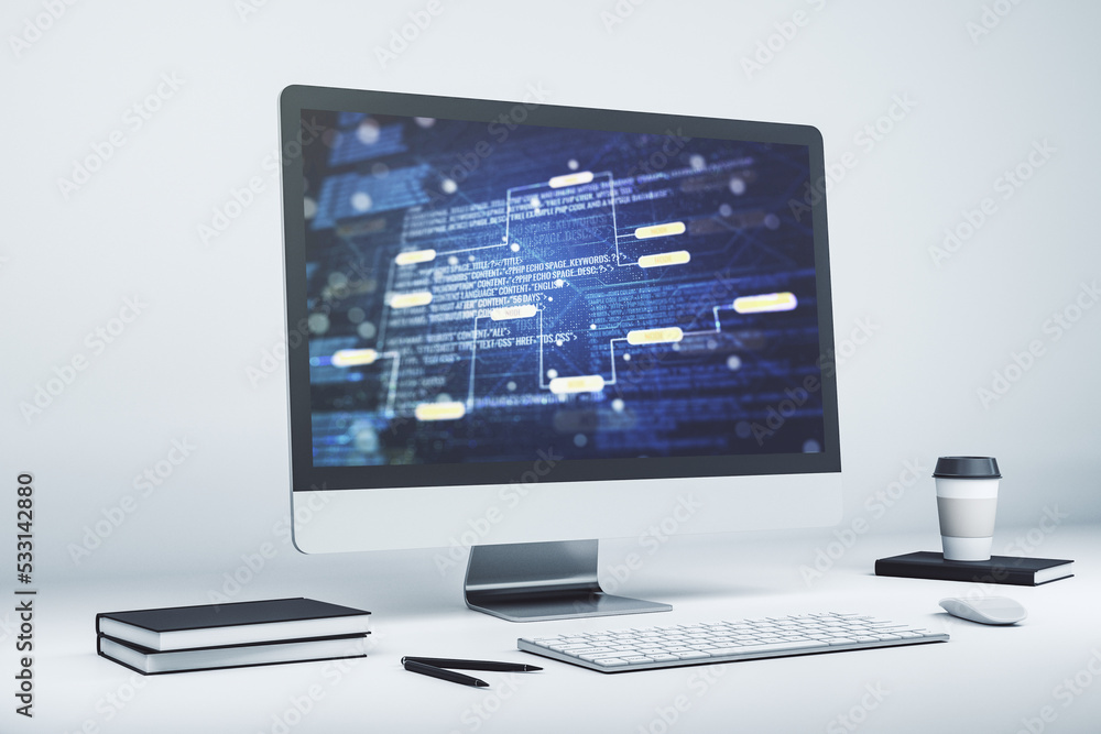 Computer monitor with abstract creative programming illustration, big data and blockchain concept. 3D Rendering Computer monitor with abstract creative programming illustration, big data and blockchain concept. 3D Rendering