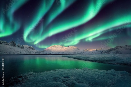 Aurora borealis and happy Man. Starry sky, green polar lights. Night landscape. Northern lights