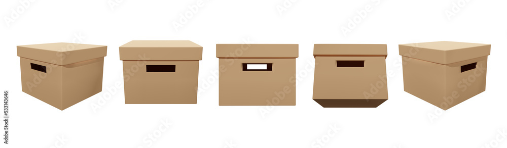 Set of 3D storage box with lid and handles in different angle, 3D rendering image, Clipping path included. Set of 3D storage box with lid and handles in different angle, 3D rendering image, Clipping path included.