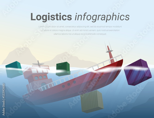 Infographic of problem of Logistics and transportation on a sea background.