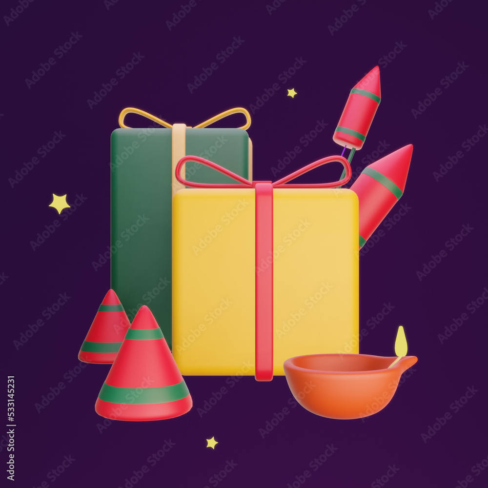 3d illustration of green and yellow clay style gift box with diya or diwali oil lamps and fire crackers or fireworks on dark purple isolated background, happy deepawali, indian hindu festival of light