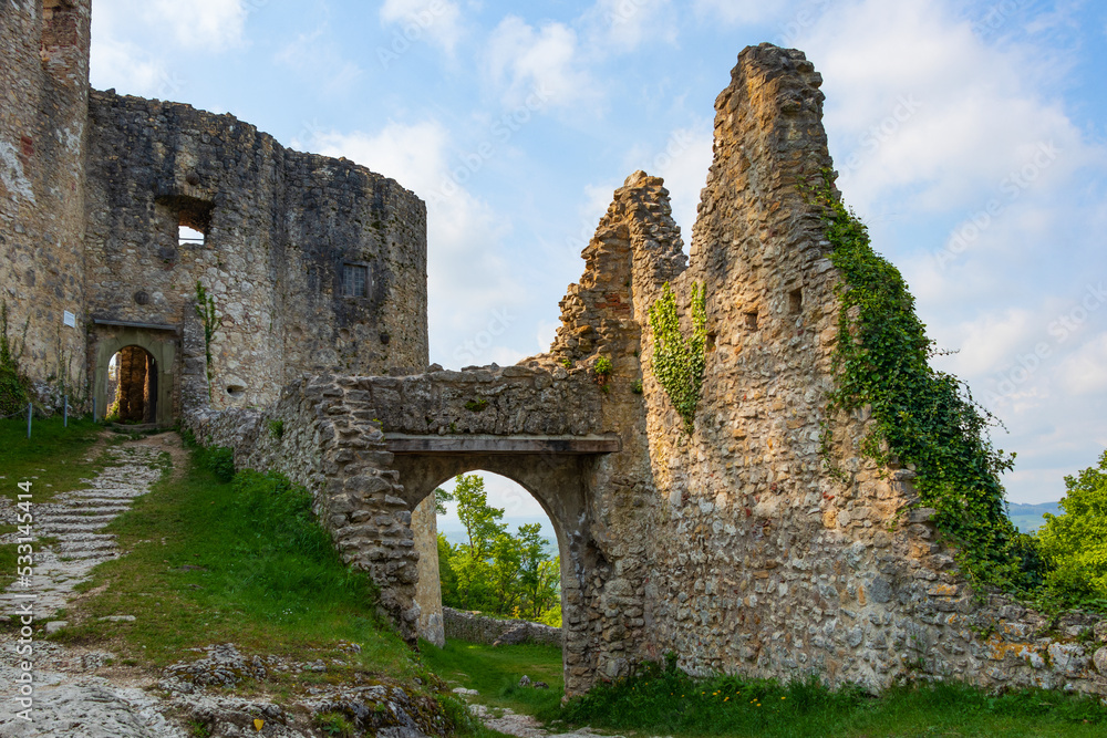 Panorama of a dilapidated stone defensive fortress in Dorneck District, Dorneck Castle, Ruine Dorneck