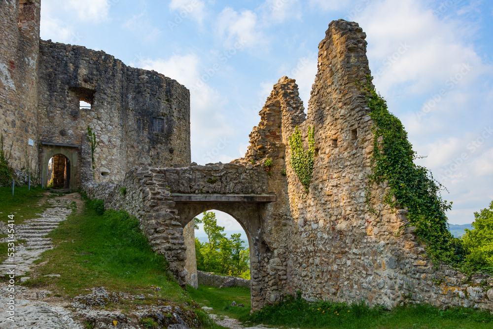 Fototapeta premium Panorama of a dilapidated stone defensive fortress in Dorneck District, Dorneck Castle, Ruine Dorneck